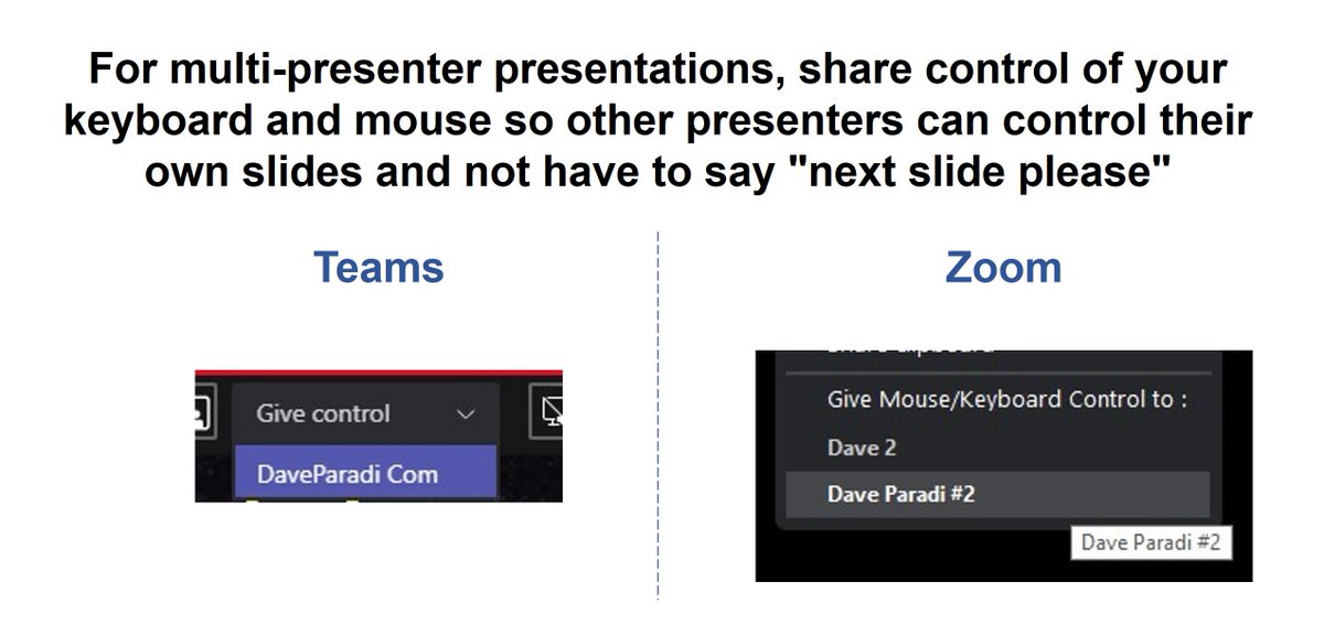 daveparadi's tweet photo. No more “next slide please”. Here’s how to share keyboard and mouse control with other presenters in Teams and Zoom to make multi-presenter presentations better for the audience. Article and videos for Teams and Zoom: https://t.co/ZmbvCI1Mpo https://t.co/Ts2Va7zVeA