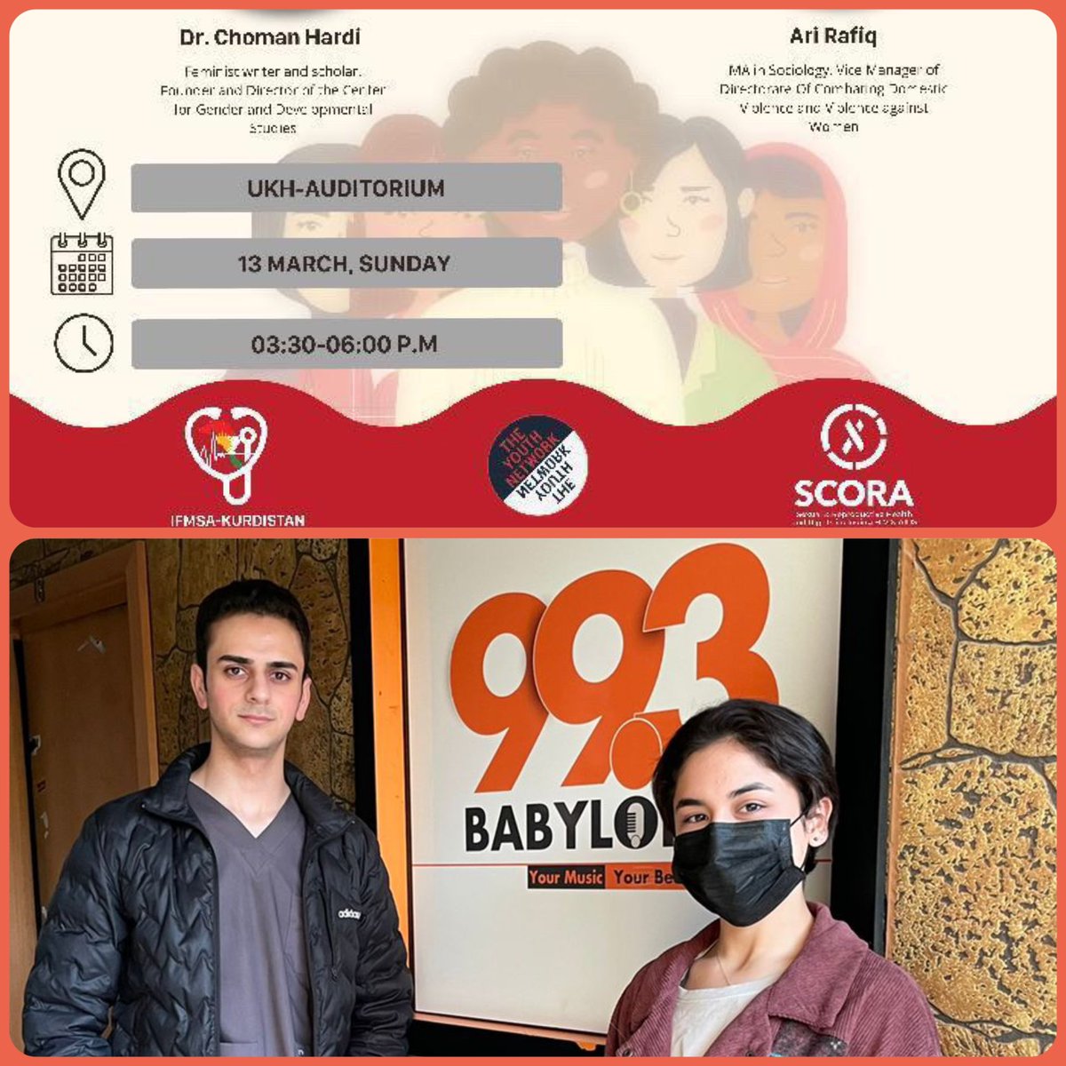 Ahmed and Tnok are part of the @IFMSA_kurdistan! As part of International Women’s Day, the organization is holding an event at UKH this Sunday that tackles our community’s various gender-based problems. Click here to listen to the interview; babylonfm.net/2022/03/09/157…