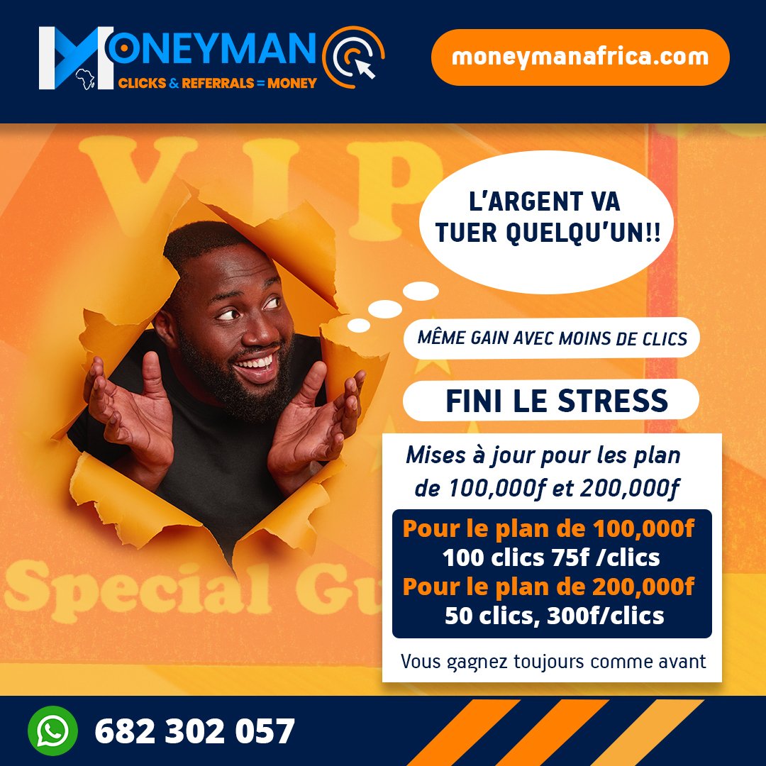 Il y’a du nouveau dans votre plateforme moneymanafrica.com
Avec les plans de 100k et 200k, obtenez moins de clics au même prix qu’avant

Pour 200k, obtenez 50 clics en raison d’un clic à 300f CFA
N’est-ce pas génial !!!!!