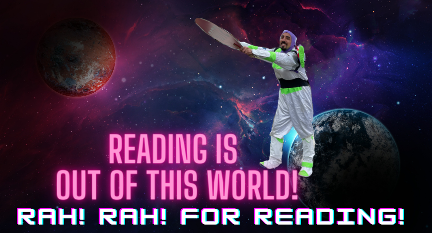 OakviewElem's tweet photo. RAH! RAH! for Reading continues today with our Out of This World Theme! How great is @DavidJGaudet for helping us #createreaders https://t.co/gyD7sYyA17