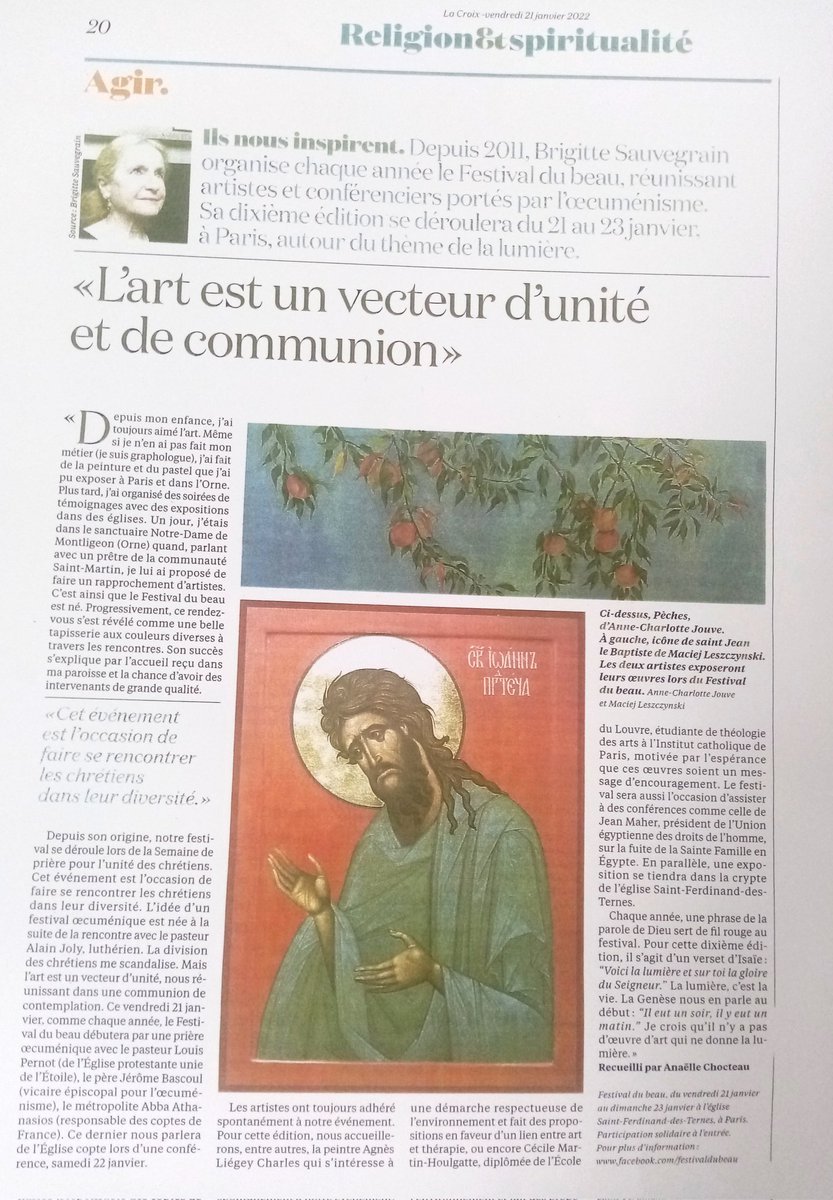 Entretien avec Brigitte Sauvegrain dans <a href="/LaCroix/">La Croix</a>
Du 21 janvier 2022 sur le #festivaldubeau
"L'art est un vecteur d'unité et de comunion".
#article