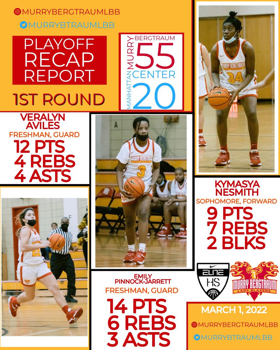 Playoff Recap 🔴1st Round🟡

March 1, 2022
55-20 win over Manhattan Center

Emily Pinnock-Jarrett ‘25 ⬇️
14p, 6r, 3a
Veralyn Aviles ‘25 ⬇️
 12p, 4r, 4a
KymAsya Nesmith ‘24 ⬇️
9p, 7r, 2b

<a href="/CoachJNoel/">J. Noel</a> <a href="/NYGHoops/">NYGHoops</a> 

#nike #nikeelitehs #murrybergtraum #psal #nyc