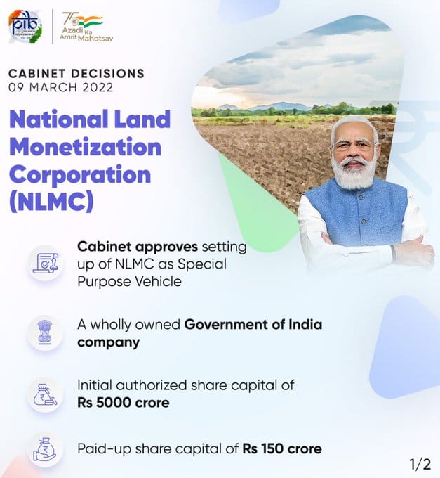 Drsubhassarkar's tweet photo. Under the dynamic leadership of Hon'ble PM Shri @NarendraModi Ji, #Cabinet
approves setting up of National Land Monetization Corporation as SPV for undertaking surplus land monetization with an initial authorised share capital of Rs. 5000 Cr.

Read here: https://t.co/Lz4Eu8FKcu… https://t.co/g1eODIdRUM