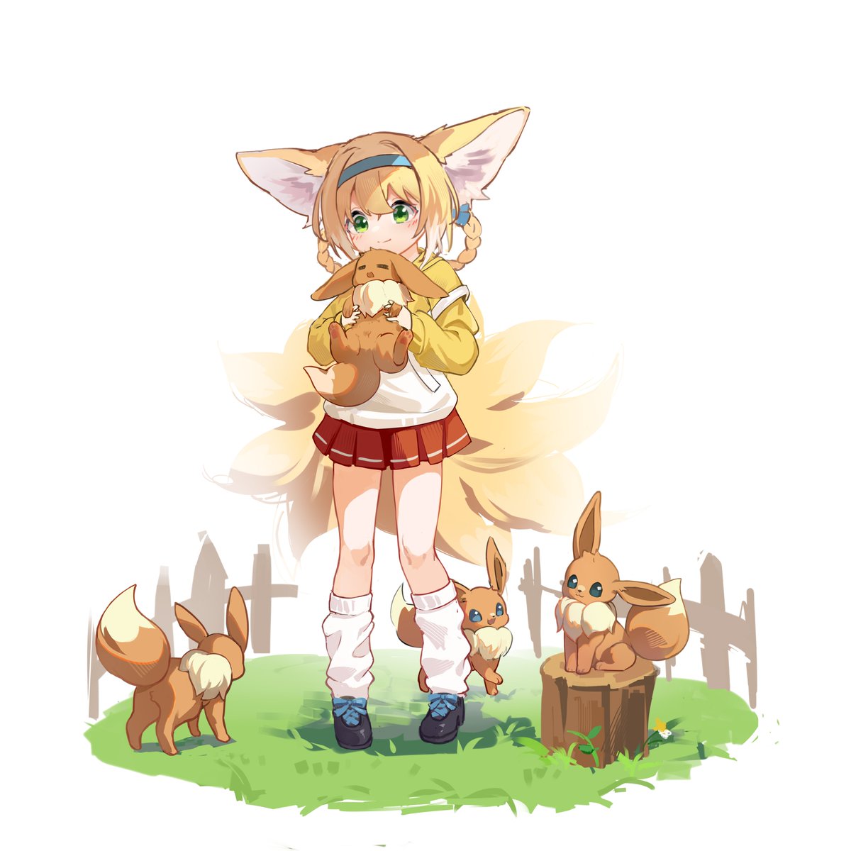 eevee ,suzuran (arknights) 1girl animal ears tail crossover fox ears fox tail skirt  illustration images