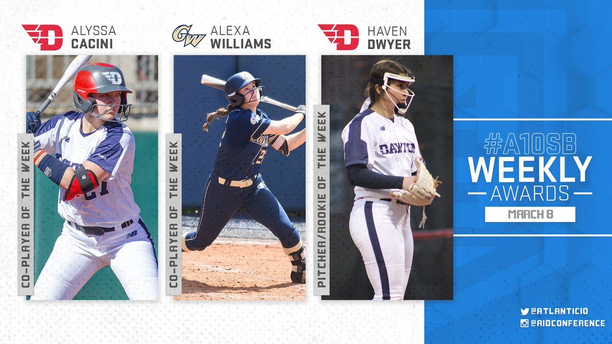 ICYMI: The league announced #A10SB weekly awards yesterday evening...check those out ⤵️

Co-Player of the Week: Alyssa Cacini, <a href="/FlyerSoftball/">Dayton Softball</a>
Co-Player of the Week: Alexa Williams, <a href="/GW_Softball/">GW Softball</a>
Pitcher/Rookie of the Week: Haven Dwyer, <a href="/FlyerSoftball/">Dayton Softball</a>

📰: bit.ly/3J0oDXB