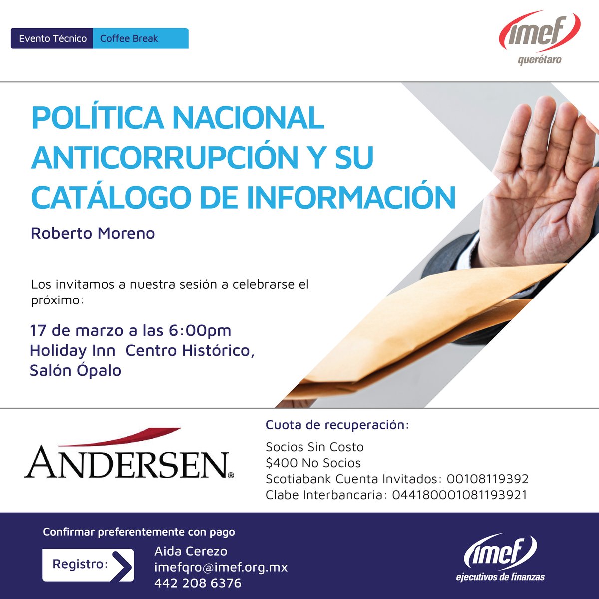 imefqueretaro's tweet photo. Los invitamos a nuestro evento técnico el próximo 17 de marzo, modalidad presencial.
#IMEF #Finanzas #Financiero #Querétaro  @imefuniv @IMEFOficial https://t.co/CXfXh72nWB