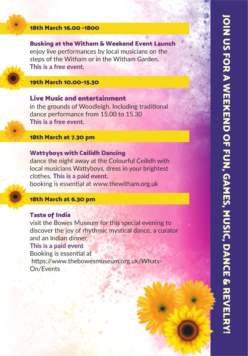 Barnard Castle Town Council
and the Town Mayor Rima Chatterjee
would like to invite you to join
in the festival of Holi
18th to 20th March 2022
please see the attached leaflet for information