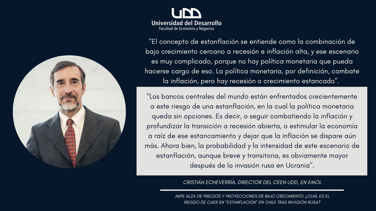 negociosUDD's tweet photo. 🔴🗞️ PRENSA | Nuestro director del @CEEN_UDD, Cristián Echeverría, conversó con @Emol sobre los riesgos de caer en estanflación ante alza de precios y proyecciones de bajo crecimiento producto del conflicto de Rusia y Ucrania.
 
➡️Revisa la nota completa: https://t.co/FABplSEGY8 https://t.co/IKmFUtb1rw
