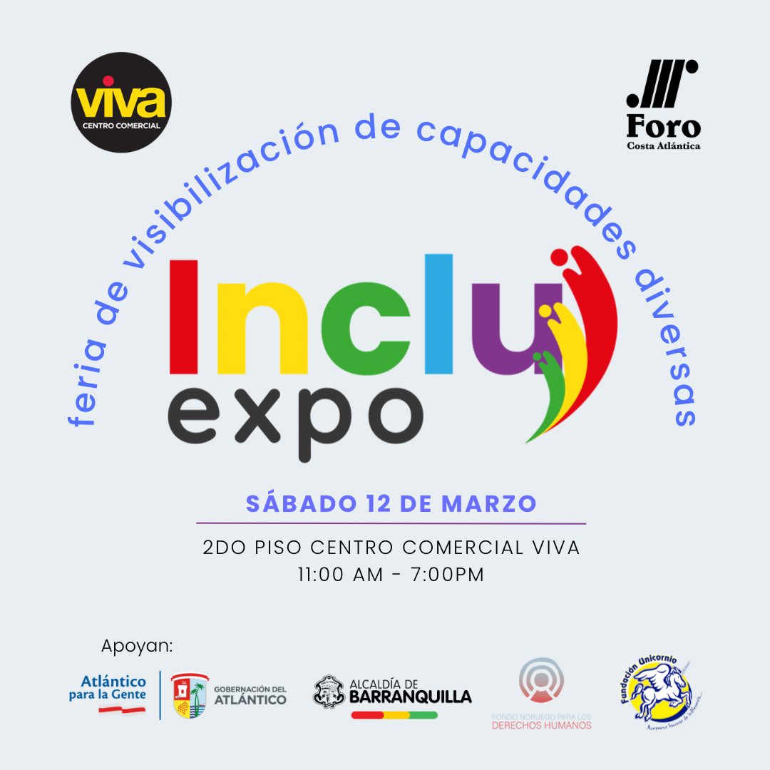 forocosta_'s tweet photo. Este sábado 12 de marzo se estará realizando la gran feria de visibilización de capacidades diversas: IncluExpo 🤩. 

¡Pronto les contaremos qué organizaciones participaran en este espacio! 

📍 Segundo piso del @VIVA_CC 

🕚 11:00 am - 7:00pm. https://t.co/wUFUf2O7Xs