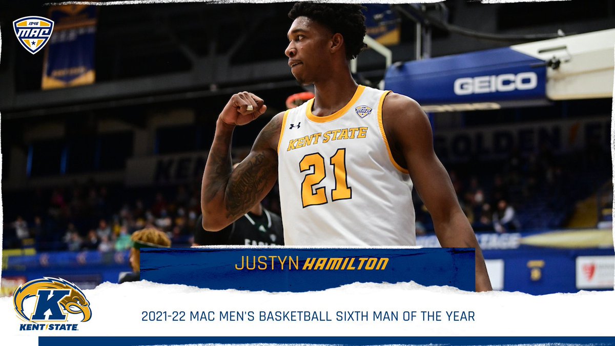 MACSports's tweet photo. 🚨🏀 Justyn Hamilton 🏀🚨

✅2021-22 MAC Sixth Man of the Year

@KentStMBB | #MACtion https://t.co/s3K7lRN5nA