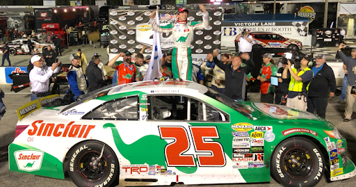 HoursofRacing's tweet photo. On this day in 2019, @michaelself scored his 4th career @ARCA_Racing win at @5FlagsSpeedway #ARCA #ARCAPensacola200 #FlyTheV #DINOracing #TeamToyota https://t.co/VljBWutSzC