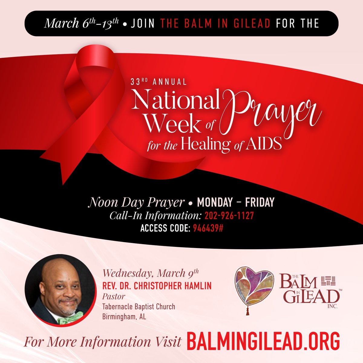 thebalmingilead's tweet photo. Be sure to dial in at noon as Rev. Dr. Christopher Hamlin, pastor of Tabernacle Baptist Church in Birmingham, AL, leads us in prayer as we lift up our Black community in prayer against the HIV epidemic. #NoondayPrayer #theBalmingilead #NWPHA https://t.co/rhn31yy3TQ