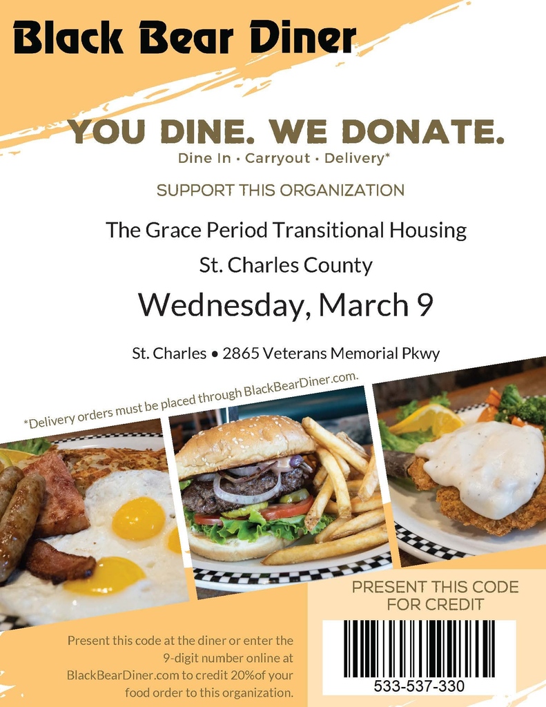 TheGracePeriod1's tweet photo. Come join us today at the Black Bear Diner as we eat dine and donate . The fundraiser is going all day and we can not wait to see the outcome!
#thegraceperiod #volunteer #donate #tgpstcharlescnty https://t.co/eUS52XTI6J