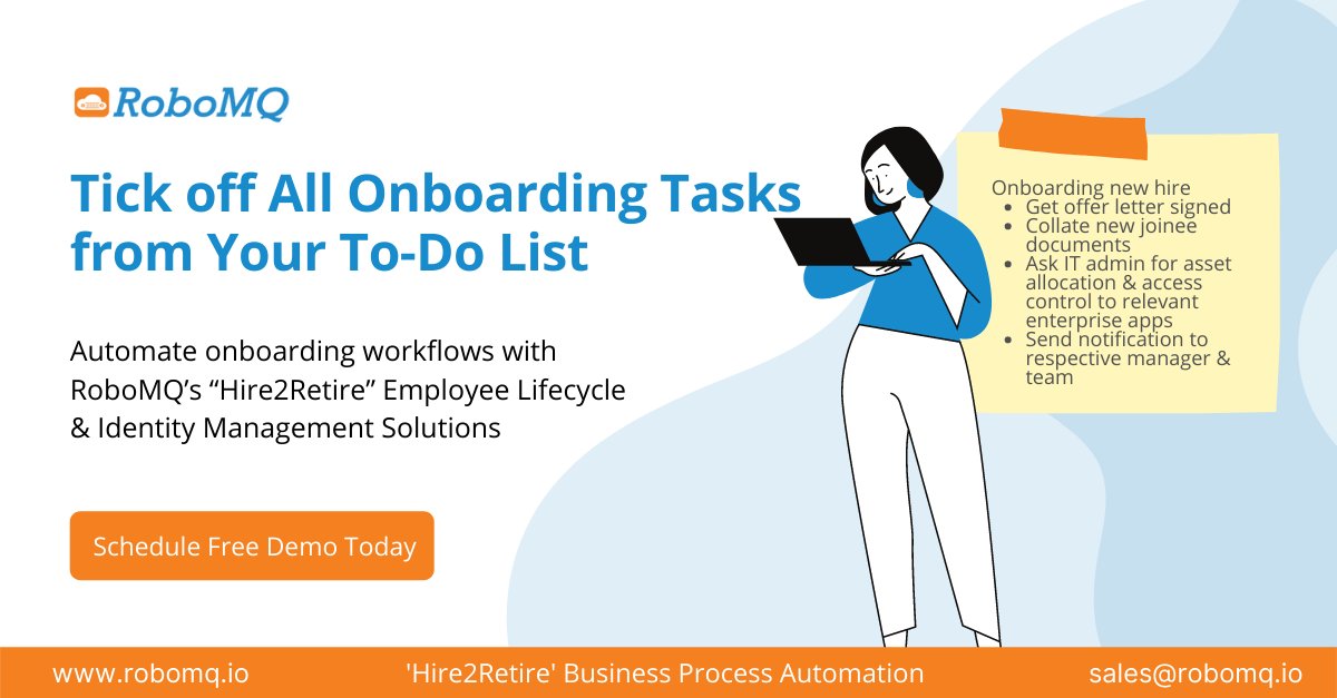 bramhg's tweet image. Tired of spending hours handling Hire2Retire business processes and making workflows manually?
Create your automated business workflows in just 7 steps!  
Schedule a demo with us: bit.ly/3HMasEl

#hire2retire #adptoad #RoboMQ #employeelifecycleautomation