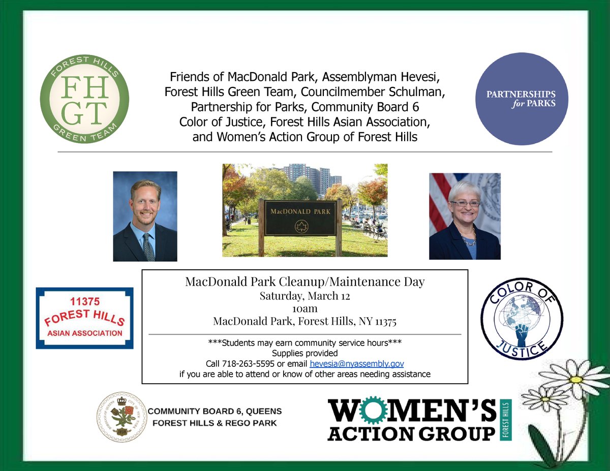 FHGreenTeam's tweet photo. We expect a great crowd on Saturday to help get MacDonald Park ready for the Spring!! (Psst... there will be donuts). Come join @AndrewHevesi @Lynn4NYC @WomensActionFH @COJ_FH @FHAA11375 @QueensCB6 @NYCParks! #KeepQueensBeautiful #ForestHills @FoHiPatch https://t.co/Fsmw9AWvfj