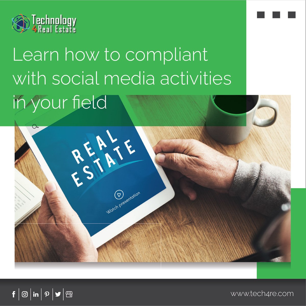 REMRTECH's tweet image. How does social media work for Realtors? Learn how to compliant with social media activities in your field. Sign up today.

Contact Us
🌐 tech4re.com
📧 tech@tech4re.com
📞 (602) 206 7200

#technologyinnovation #technologytoenjoy #technologylover #technologycompany