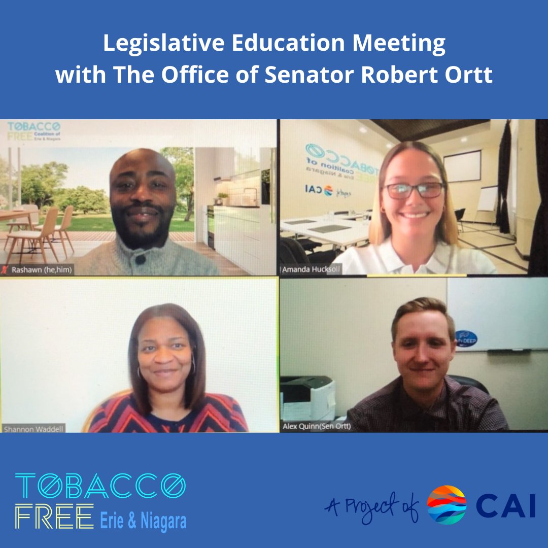 CAIGLOBAL's tweet photo. This month, our Tobacco-Free Erie &amp; Niagara team met with @SenatorOrtt office about upholding NYS’s Tobacco-Free norm through youth and community action. We're glad to share our work creating healthier, smoke-free spaces with elected officials. Learn more: www.caiglobal/tfc.org https://t.co/713bFDCAIG
