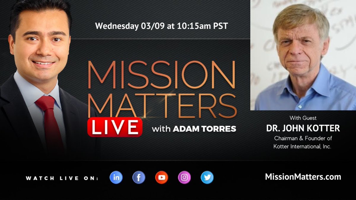 John P. Kotter (@johnpkotter) on Twitter photo Join me TODAY for a LIVE STREAM at 1:15 pm EST / 10:15 am PST where I will be a guest on Mission Matters Live with <a href="/askadamtorres/">Adam Torres</a>.
Subscribe to Event on YouTube:
youtube.com/watch?v=jj9Nzv…
bit.ly/3tEU6Iq Join me TODAY for a LIVE STREAM at 1:15 pm EST / 10:15 am PST where I will be a guest on Mission Matters Live with <a href="/askadamtorres/">Adam Torres</a>.
Subscribe to Event on YouTube:
youtube.com/watch?v=jj9Nzv…
bit.ly/3tEU6Iq