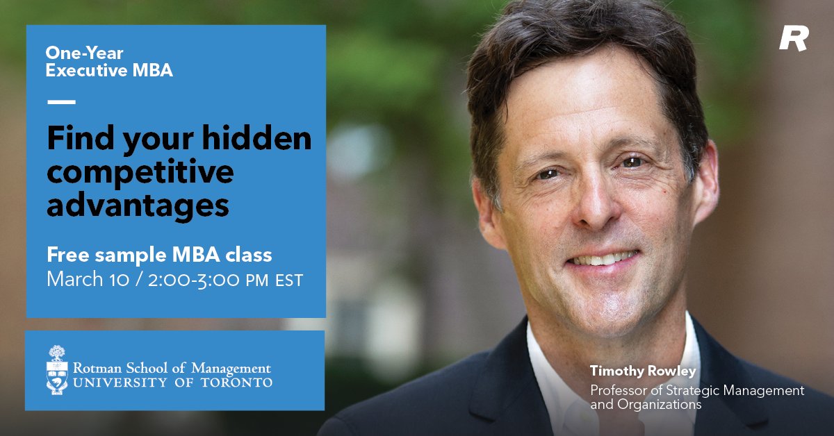 RotmanMBAMFin's tweet image. Thursday: Gain clarity on how you personally add value as you sneak a peek into an MBA for working professionals. buff.ly/3HlpVuE. Learn how to use key strategy tools to uncover your hidden competitive advantages. Thu Mar 10, 2-3 PM EST. Free. #executivemba @rotmanschool
