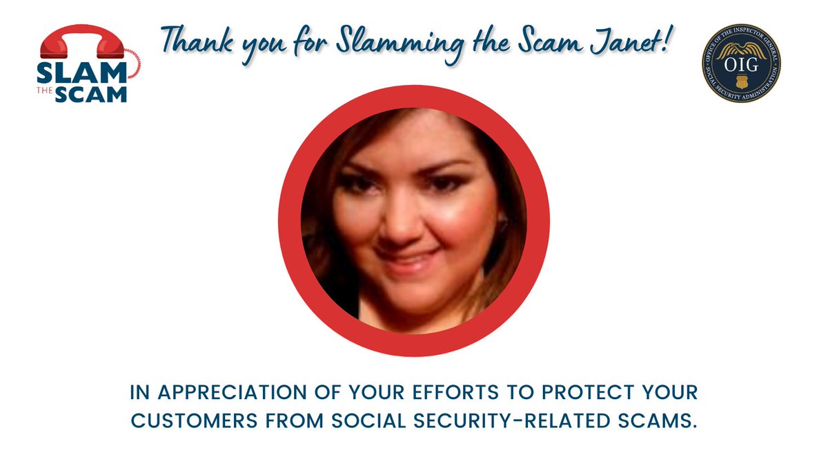 TheSSAOIG's tweet photo. Meet Janet, a Contact Representative for AFFCU. When a customer wanted to wire money, Janet asked important questions and suspected a #SocialSecurity related scam. She helped save the victim from being scammed out of $75,000! Thank you! #goAFFCU #SlamTheScam https://t.co/7X7Fr0jQYr