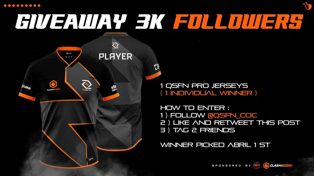 🎁 GIVEAWAY 3K FOLLOWERS 🎁

1 QSFN PRO Jerseys 
( 1 Individual Winner ) 

How to enter : 
1 ) Follow @QSFN_COC
2 ) Like and retweet this post 
3 ) Tag 2 Friends
 
Winner picked Abril 1 st