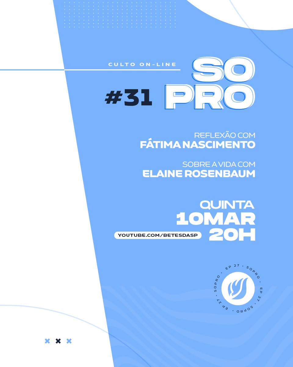 Quinta é dia de Sopro! Essa semana vamos conhecer um pouco sobre a vida da Elaine Rosenbaum. Quinta às 20h, Sopro #31.

📺 youtube.com/betesdasp
🔔 Ative as notificações