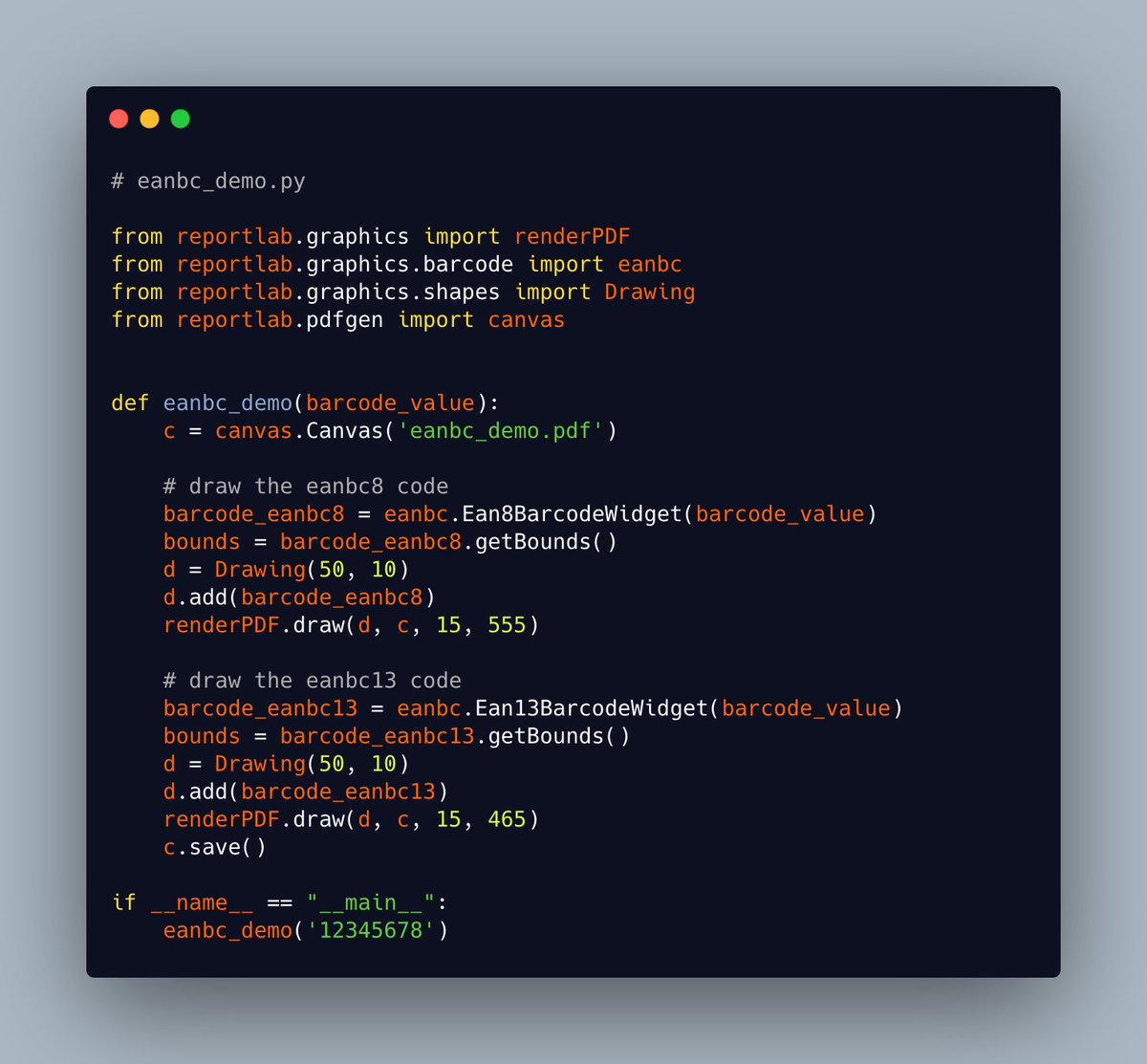 driscollis's tweet image. You can add different types of barcodes in PDFs with #Python and #ReportLab too.

Here are some examples of creating EAN barcodes: