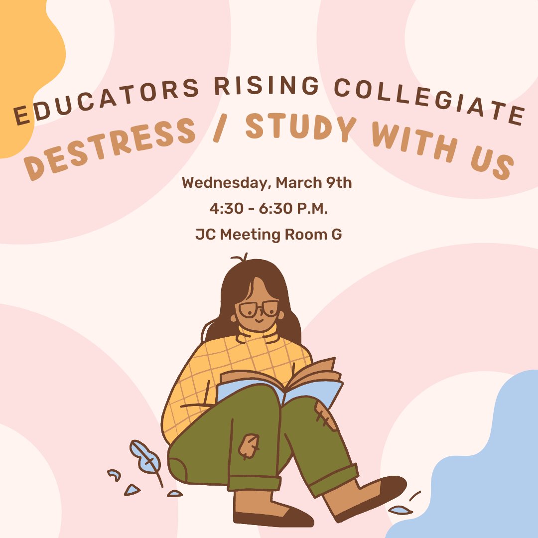 gmuedrising's tweet photo. Come destress with us! Play games, have snacks and drinks, and even study together for midterms. We are able to have the room until 6:30PM, so that gives members some more time to join us after class!

When: TODAY, Wed., March 9th 4:30- 6:30 PM
Where: JC Meeting Room G https://t.co/baweHD8mPO