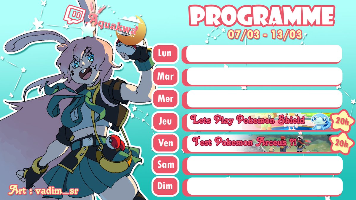 🌙✨PROGRAMME ✨🌙

Demain : Suite de Pokemon Shield 

Vendredi : Découverte de Pokemon Arceus + Anniversaire de <a href="/MegamiNightcore/">MegamiEldra VTuberFR</a>

OFF Samedi : Présente sur le Donathon de <a href="/nishimire/">Azekia</a> !

OFF Dimanche : Présente pour l'anniversaire de @KurokoVtuber !

tags : #vtuberfr #streamer