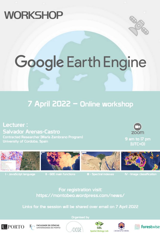 SBLab2's tweet photo. On April 7 (9:00, UTC+0), the MontObEO team will organise an open workshop in Google Earth Engine!
For registration visit: https://t.co/b4lJ9CzXTd https://t.co/XX5fQeaXAW