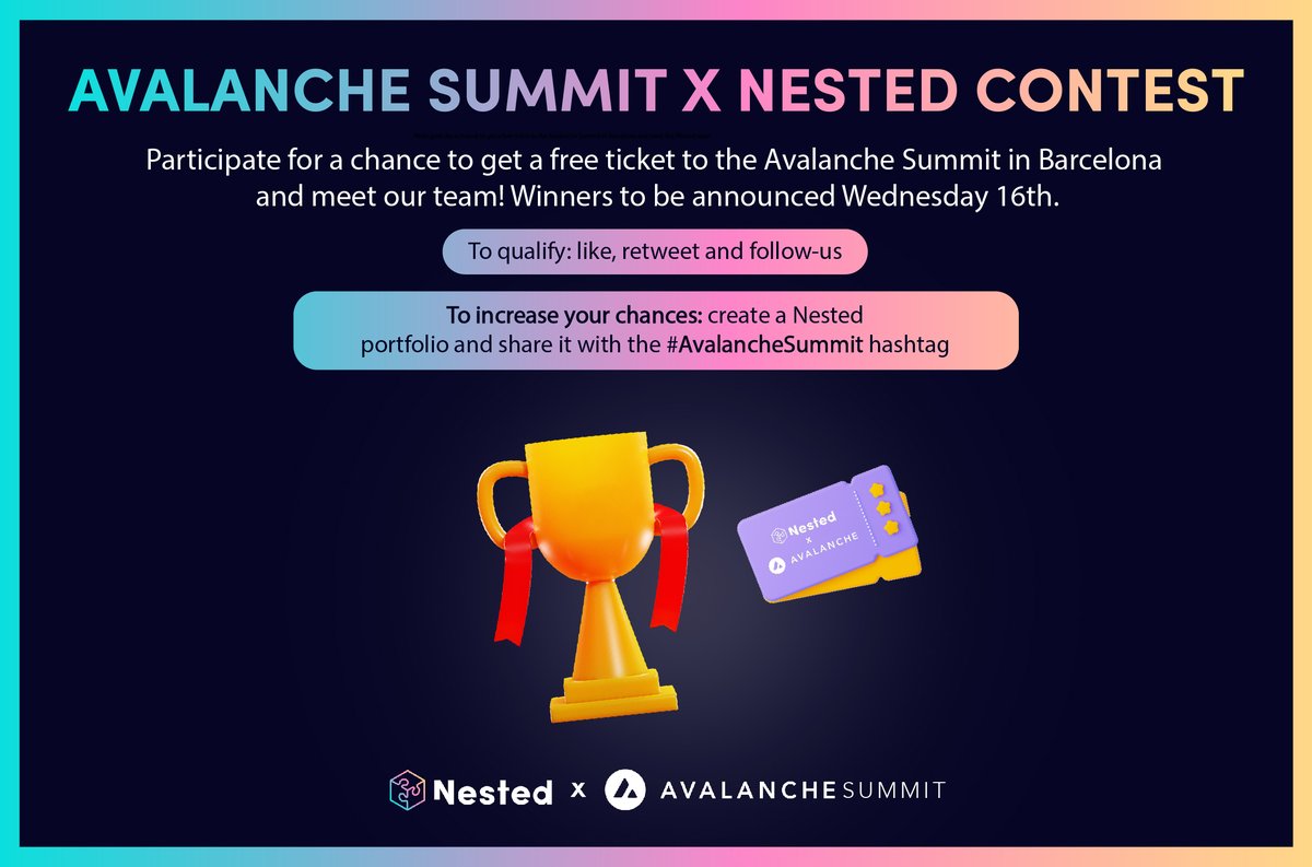 massdotmoney's tweet photo. 🎁#giveaway 🎁

🎉Nested's first competition! 

🎟️Win a ticket for the Avalanche summit happening from the 22nd of March to the 25th in Barcelona🎟️

How to participate:
✅RT &amp; Follow 
✅Like

Share your Nested portfolio using #AvalancheSummit to increase your chances of winning! https://t.co/EuBucJEtp3