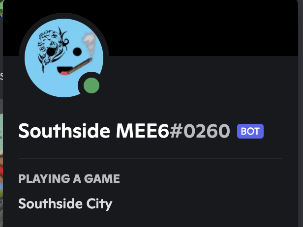 Southside_City's tweet photo. Meet the roughest toughest MEE6 in the NFT discord game....

SOUTHSIDE MEE6 HOLDING IT DOWN 🤣🤣💪

gm gang ☕️ https://t.co/34CQCxDZmo