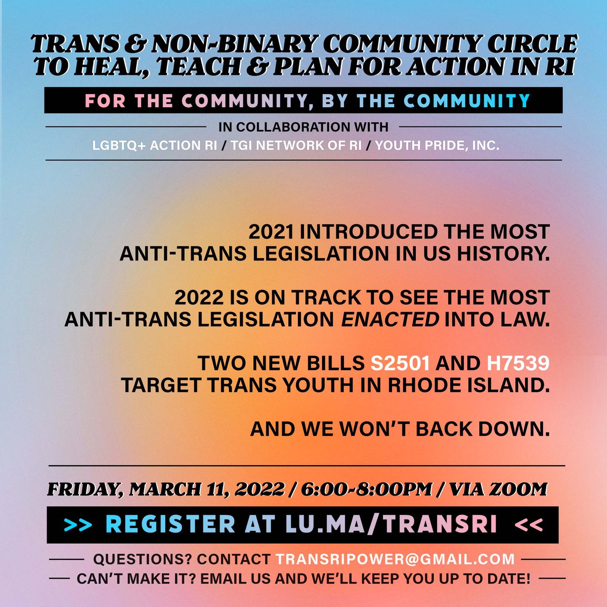 Deeply troubled by anti-LGBTQIA+ legislation has once again made its way to #RhodeIsland Our community has amazing leaders mobilizing to SHUT THIS DOWN. Learn more and support 👇