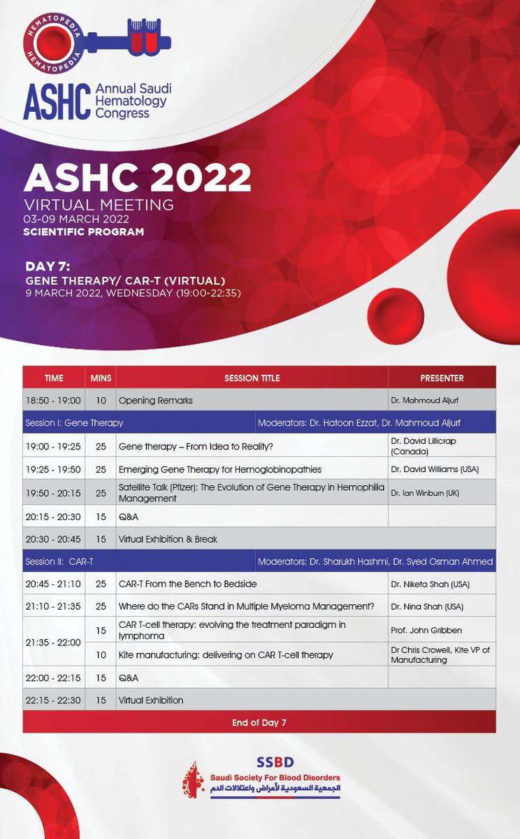 SaudiBlood1's tweet photo. Day 7 ASHC - Gene Therapy / CAR-T
starting 18:50 KSA (15:50 GMT)
Login link:
https://t.co/TjcTlbrnO9
Registration link:
https://t.co/F8tv1YRHH4
#ASHC22 #SSBD https://t.co/RHwW4AHmN2