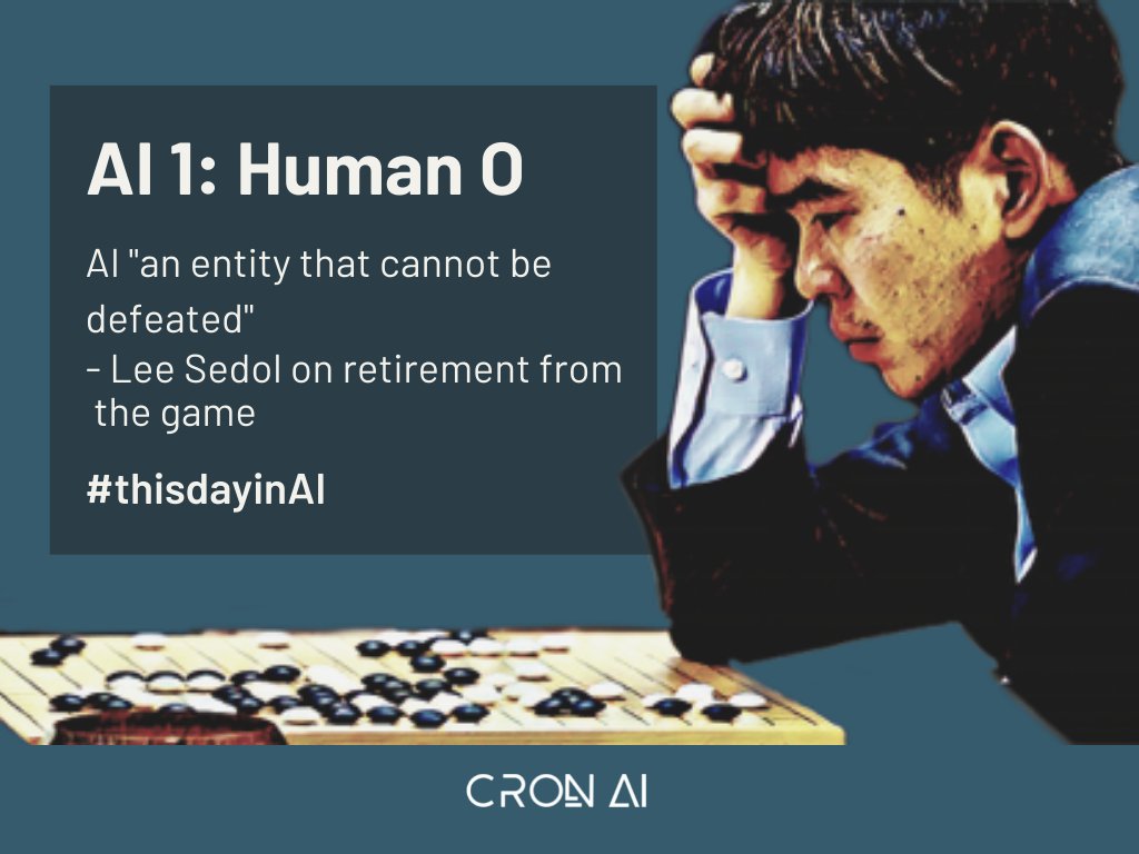 cron_ai's tweet photo. #thisdayinAI 09.03.2016
@DeepMind #AlphaGo became 1st computer program to defeat #Go world champion #LeeSedol. Go is considered the hardest games for #AI for its complexity, harder than chess too. This defeat is a milestone in #AIhistory showing #ai 's learning prowess. https://t.co/3PRKu0sxLF