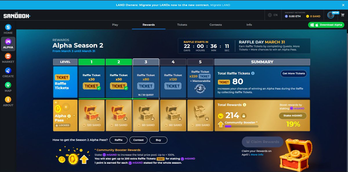 HawkDrunken's tweet photo. @TheSandboxGame I just participated in the daily #SandboxAlphaS2Contest for a chance to earn up to 1,000 $SAND! Starting March 9 -  Show your Raffle Tickets. Check out my screenshot below! 👇 #SandboxAlphaS2 https://t.co/Qu2P8cqPMa
