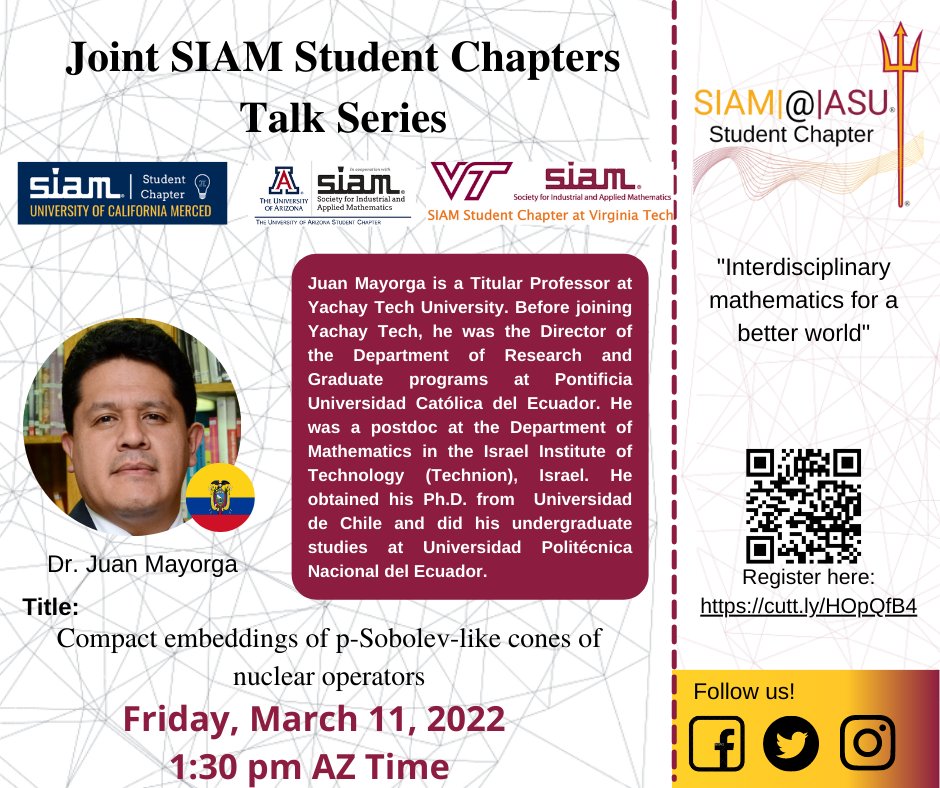 EspanolMalena's tweet photo. 👇🏽This Friday! @ASUMathematics @siam_asu @ucmSIAM  @TheSIAMNews 
To register: https://t.co/E4M3fcwN8e https://t.co/bQe3Gl6mHp