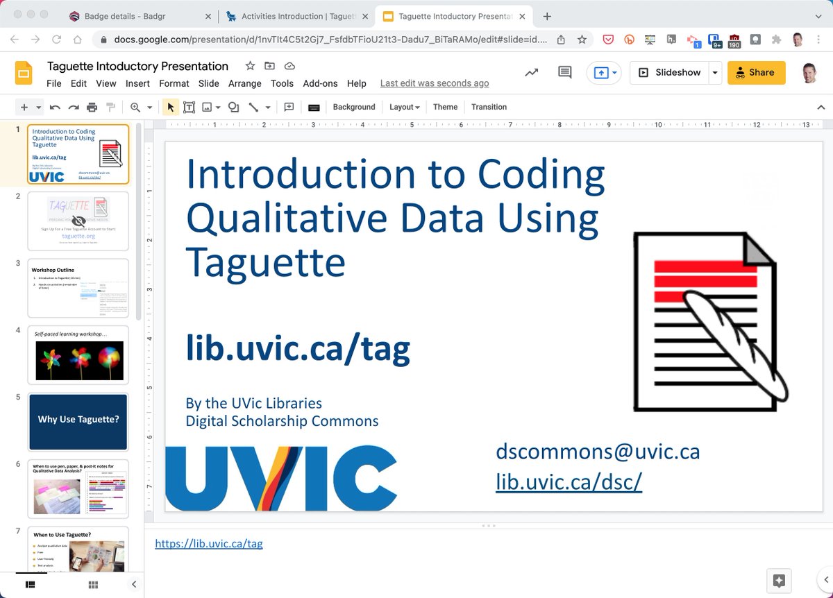 Nothing better than a doubleheader of Qualitative Coding with Taguette to start the day <a href="/uvic/">UniversityOfVictoria</a> using the <a href="/UVicDSCommons/">UVic Digital Scholarship Commons</a> #CreativeCommons workshop curriculum: lib.uvic.ca/tag  #ActiveLearning  #OpenEducation @UVicLib