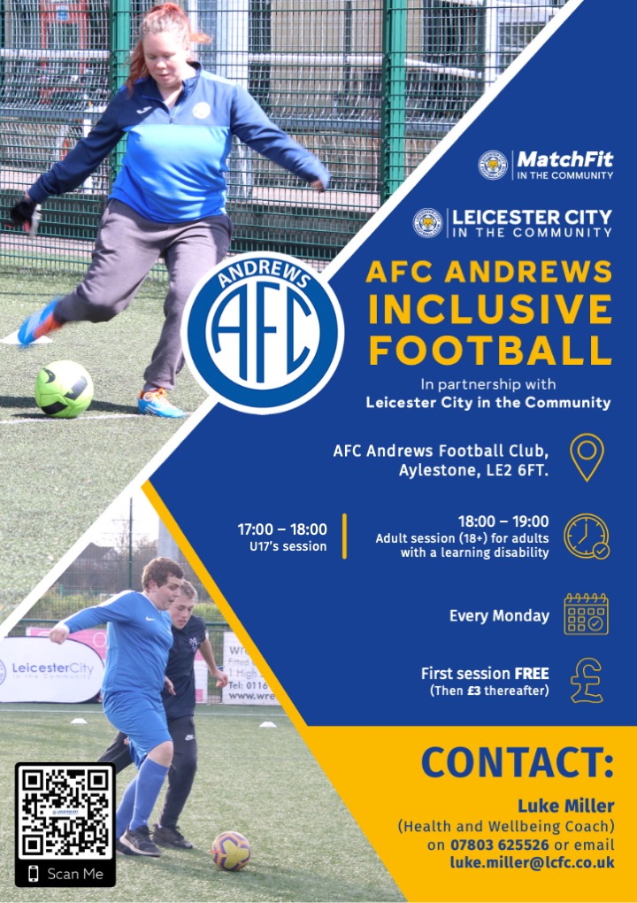 𝗜𝗻𝗰𝗹𝘂𝘀𝗶𝘃𝗲 𝗙𝗼𝗼𝘁𝗯𝗮𝗹𝗹 is back at <a href="/andrews_afc/">AFC ANDREWS</a>! Get tailored coaching to your needs 😆

📆 Mondays
⌚️ 5pm - 6pm (U17s)
⌚️ 6pm - 7pm (18+)
👫 People with a learning disability
💷 First session free (£3 thereafter)
ℹ️ luke.miller@lcfc.co.uk
🎟 leic.it/matchfit