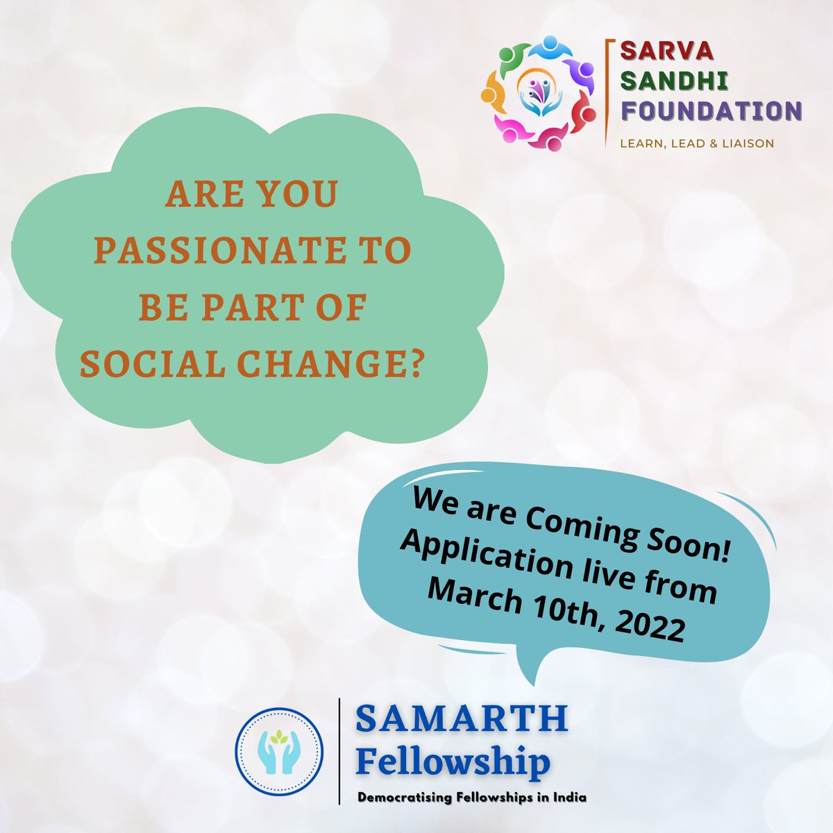 SarvaSandhi's tweet photo. #PreLaunching #SAMARTH #fellowship
If you dream to start your aspirational career in social development spaces, then stay tuned. 
Let's come together to make your dream into goals that turns to reality.
We are coming tomorrow!
#SarvaSANDHI #youth #leaders #SocialLeadership #SSF https://t.co/4vKq8VNi0m