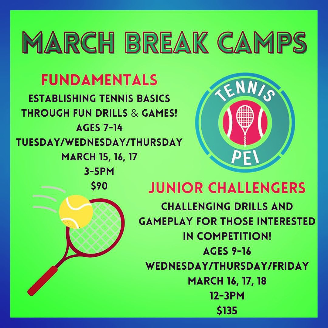 TennisPEI's tweet photo. Register Now for our March Break Camps @ The Spa Total Fitness Centre!

Fundamentals: https://t.co/CRye7FI8CB...

Junior Challenger: https://t.co/S6gfebcizs... https://t.co/0MKwIa7Qud