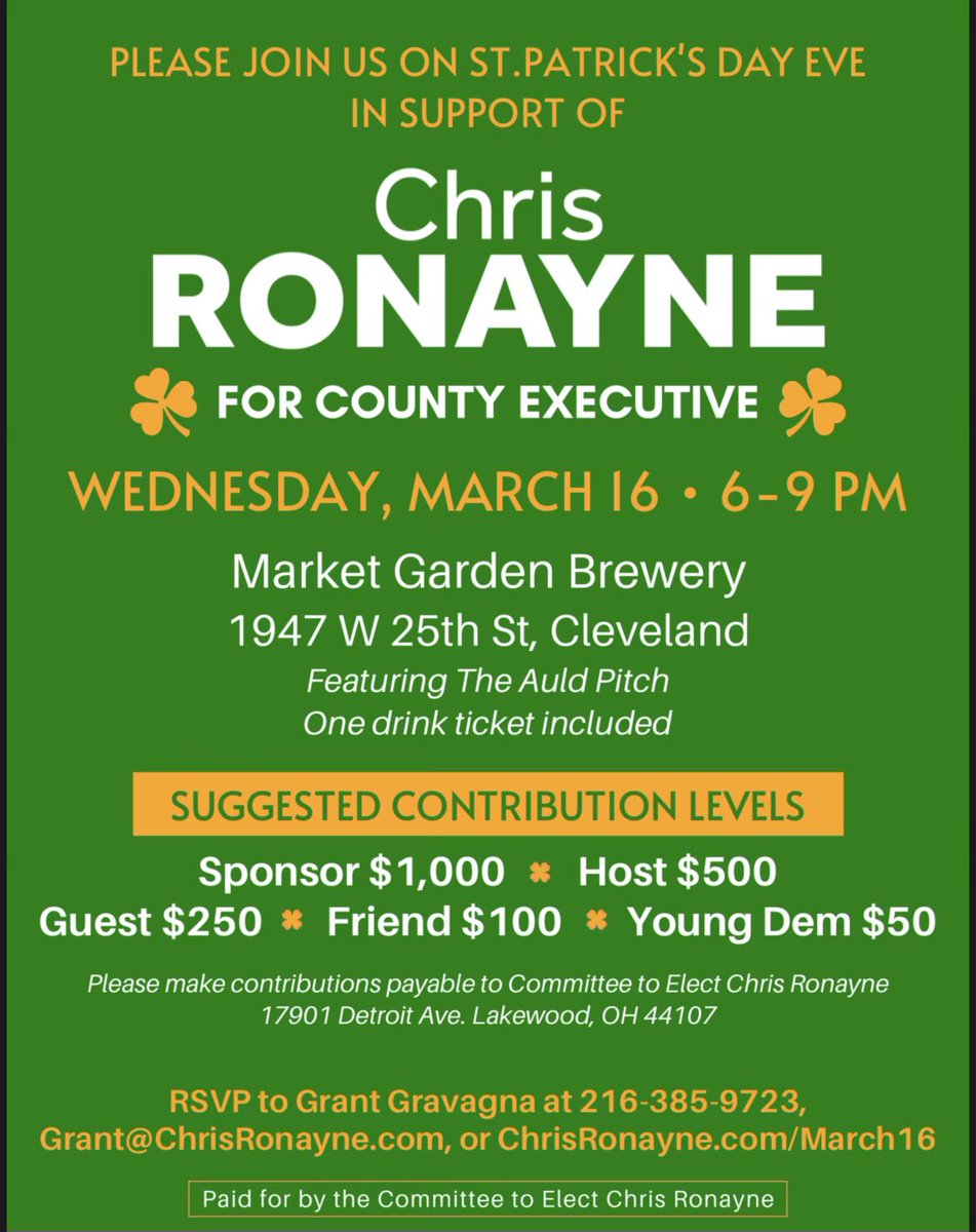 Please consider joining us next Wed, 3/16 (St. Paddy’s-Eve) to support <a href="/chrisronayne/">Chris Ronayne</a> for County Executive!