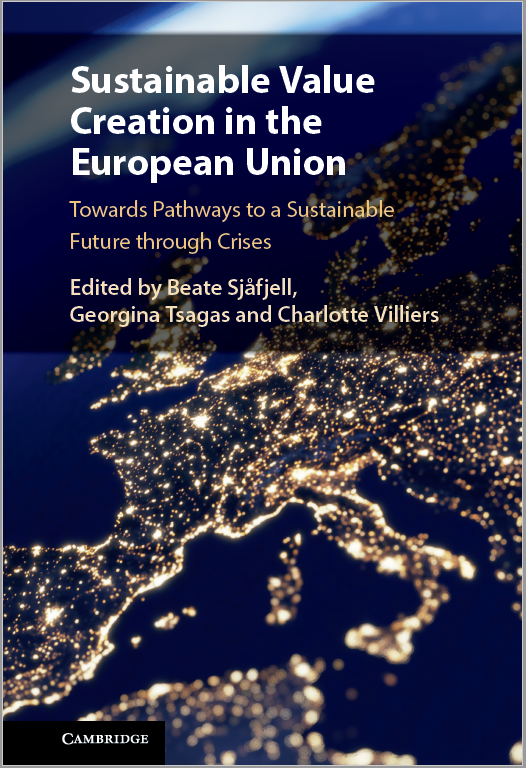Coming soon (well, later this year) to a bookstore (or library) near you! 
Very happy with the cover for our volume #Sustainable #ValueCreation in the #EuropeanUnion! 
<a href="/GeorginaTsagas/">Dr Georgina Tsagas</a> <a href="/CharlotteV64/">Charlotte Villiers</a> <a href="/CUP_Law/">Cambridge University Press - Law</a> #Sustainability #SMARTlegacy #EUlaw