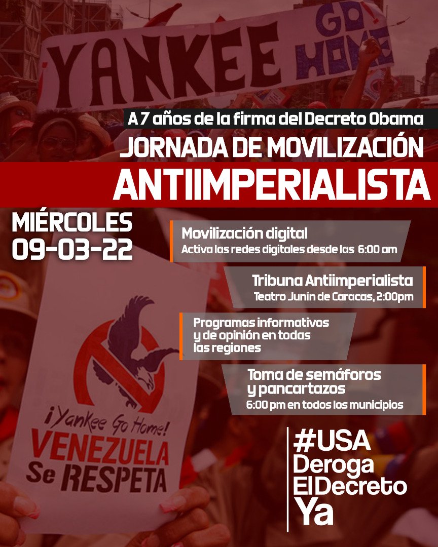 Se cumple 7 años de la firma del Decreto de Barack Obama en el que señaló a Venezuela como una amenaza a la seguridad nacional de los EE.UU 

🇻🇪¡¡SOMOS PUEBLO DE PAZ!!🇻🇪

#USADerogaElDecretoYa 🇻🇪 
<a href="/PartidoPSUV/">PSUV</a> <a href="/NicolasMaduro/">Nicolás Maduro</a> <a href="/dcabellor/">Diosdado Cabello R</a> <a href="/taniapsuv/">Tania Valentina Díaz</a> <a href="/JacquelinePSUV/">Jacqueline Faria</a> <a href="/juangarciatv/">Juan Francisco García Morales</a>