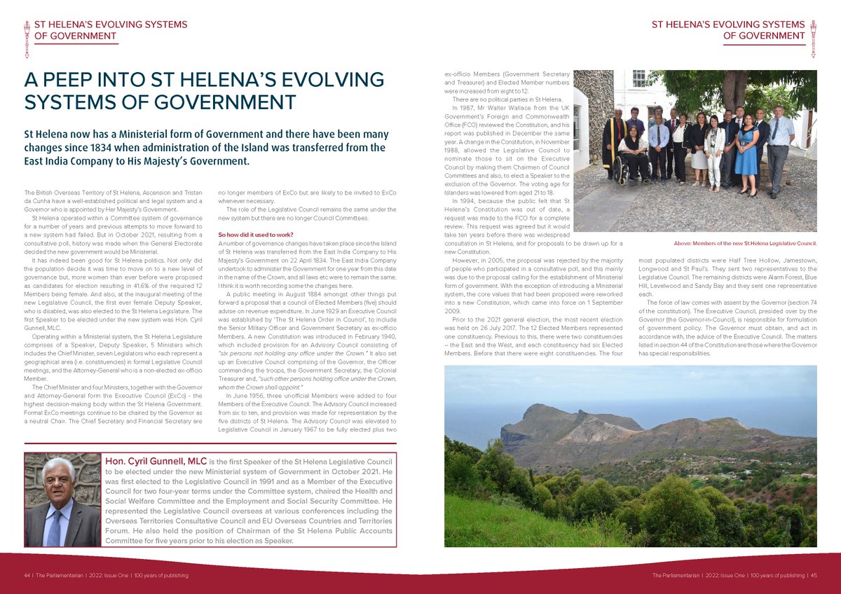 CPA_Secretariat's tweet photo. In latest issue of The Parliamentarian, first Speaker of #StHelena Legislative Council to be elected under the new Ministerial system of Government, Hon. Cyril Gunnell MLC writes about St Helena’s evolving legislative systems

Visit https://t.co/hlYXYL6UHt for digital publication https://t.co/r3AgFeFzX2
