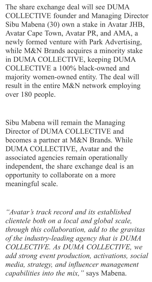 PhilMphela's tweet photo. BRANDS: Sibu Mabena inks new deal

DUMA COLLECTIVE, owned by Mabena, has bought into M&amp;N Brands – an ad agency network that houses advertising, communications &amp; media businesses including the Avatar Agency Group, in a monumental share exchange deal.

Congrats 👸🏾

#KgopoloReports https://t.co/zVWTucbmy9