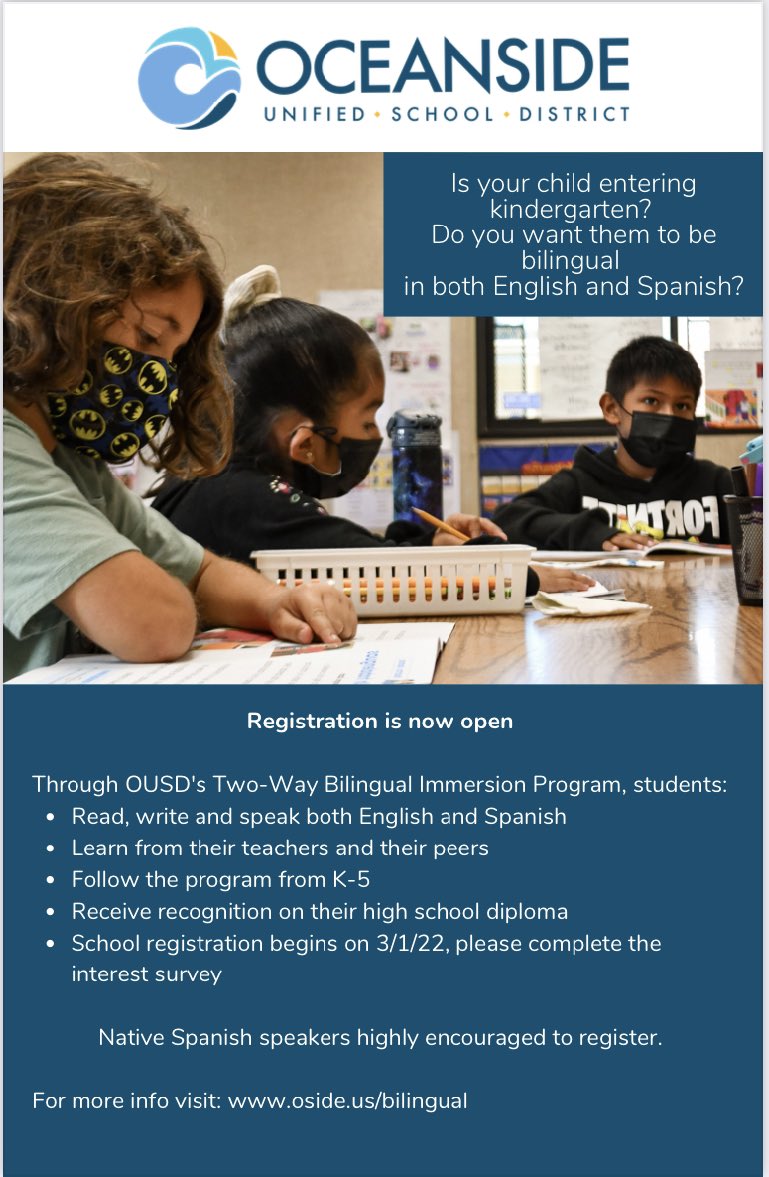 Is your child entering kindergarten?  Do you want them to be bilingual in both English and Spanish?  Register now at oside.is/bilingual