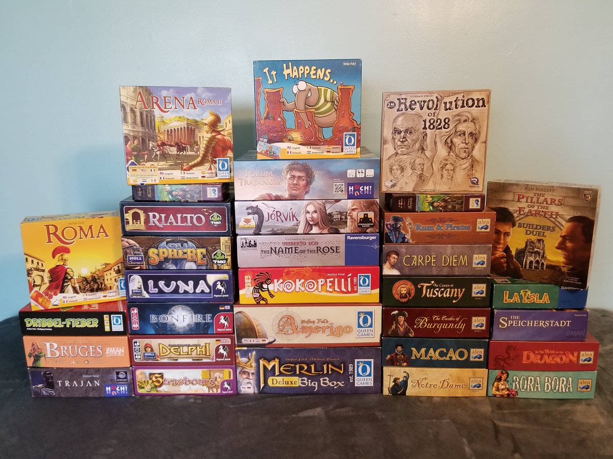 With the recent acquisition of The Name of the Rose, I decided it was time to update my Feld collection photo. And, in case you're wondering, that's everything except for the Queen Games City Collection which hasn't shipped to backers yet.

Thank you @spiele_feld for all you do!