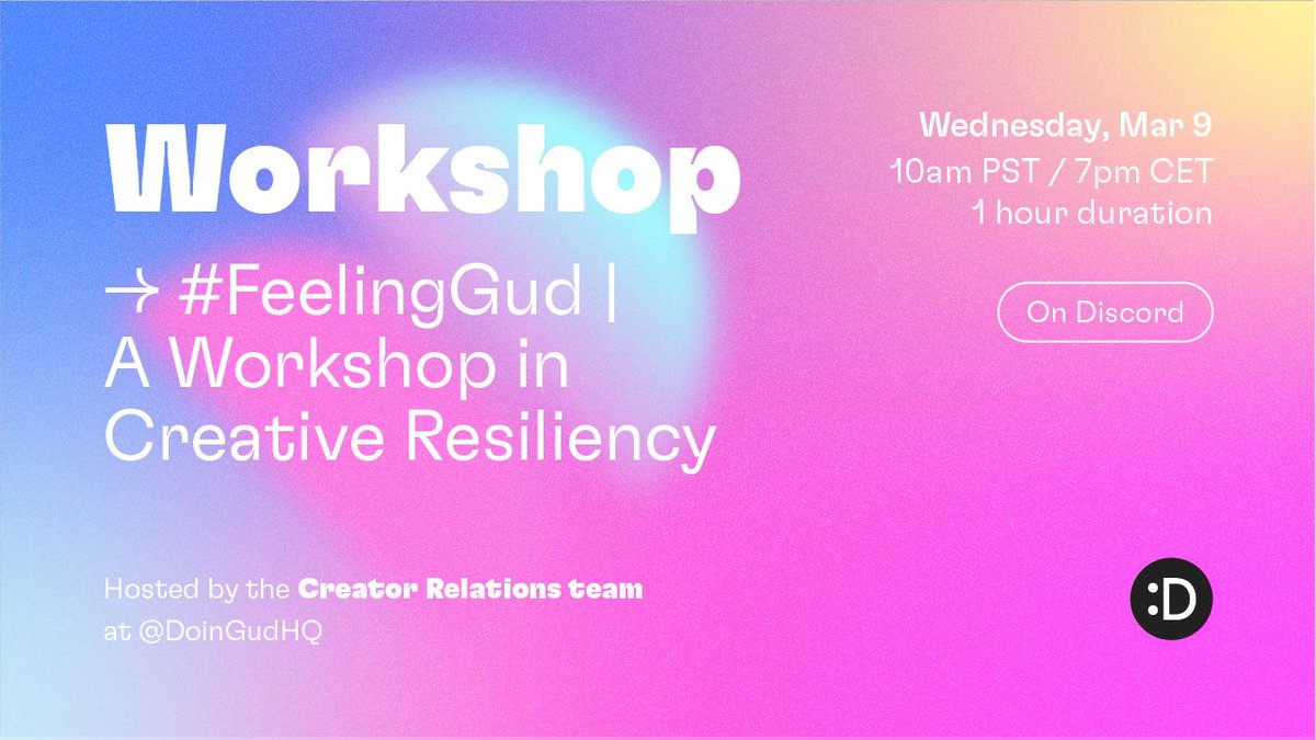 Set your reminder for today's special event #FeelinGud | A Workshop in Creative Resiliency. 

Hosted by <a href="/JessicaSven/">Jessica Svenningson @Decoding Art (:D, :D)</a> from our Creator Relations team.

📝Topic: Nurturing your inner artist. 👩‍🎤

⏳Wed, Mar 9, 10am PST / 7pm CET. 
📍discord.gg/9T5Wq8X2?event…
