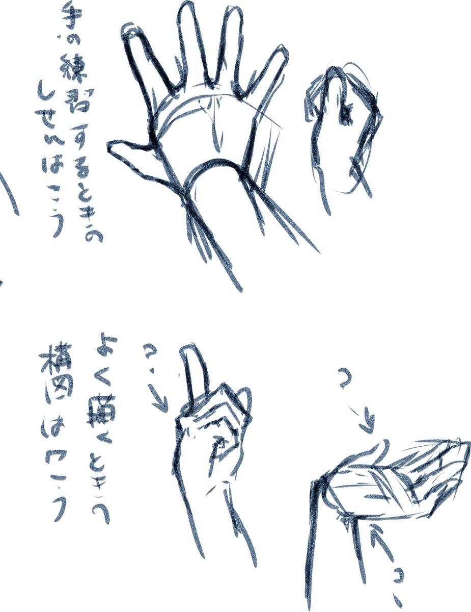 こういうことです(図解)
小指が手前で中指が遠いから小さく描かないといけないけど、全体の形をとるために中指の形を描いちゃうから結果、中指の感覚が太くなっておかしくなってしまうジレンマ。
あと骨の位置が何回描いても難しい。 